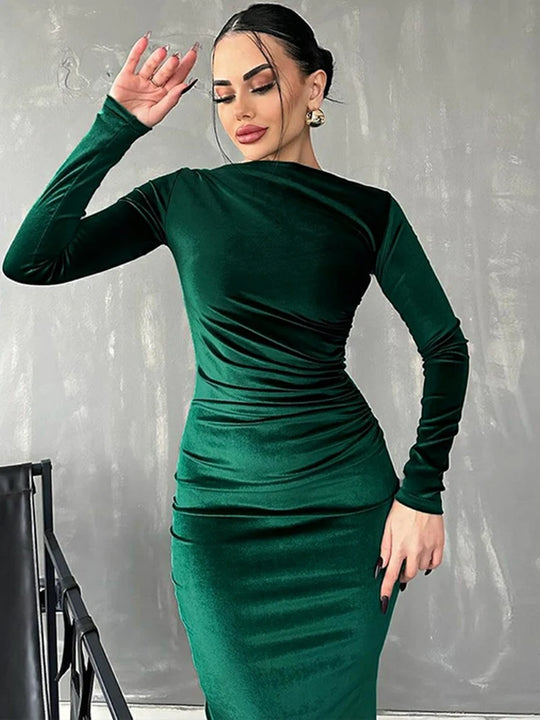 Dulzura Spring Summer Velvet Long Sleeve Midi Dress For Women