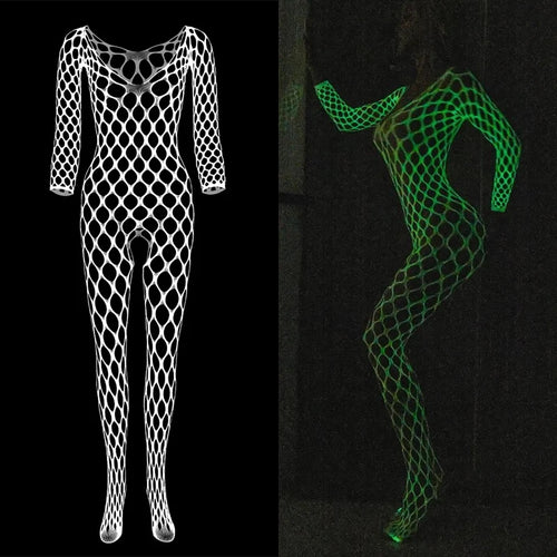 Luminous Fishnet Tights Women Elastic Mesh Open Crotch