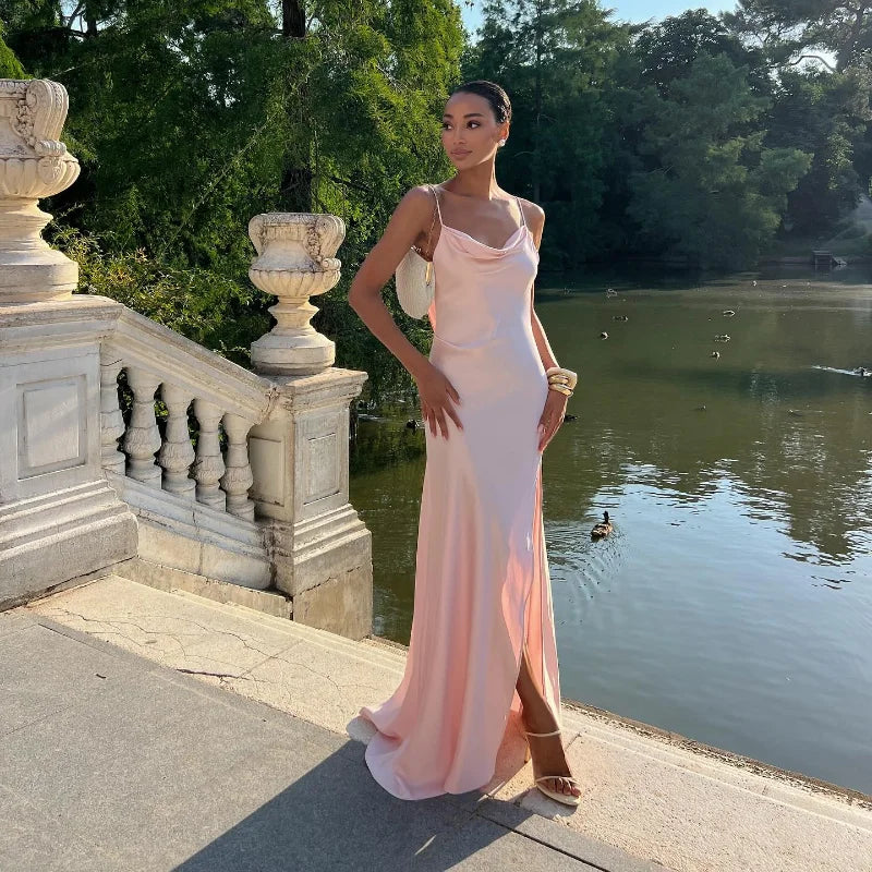 Elegant Split Women' s Dresses Solid Square Collar Backless Sleeveless Long Dress Female 2025 Summer Party Evening Robes