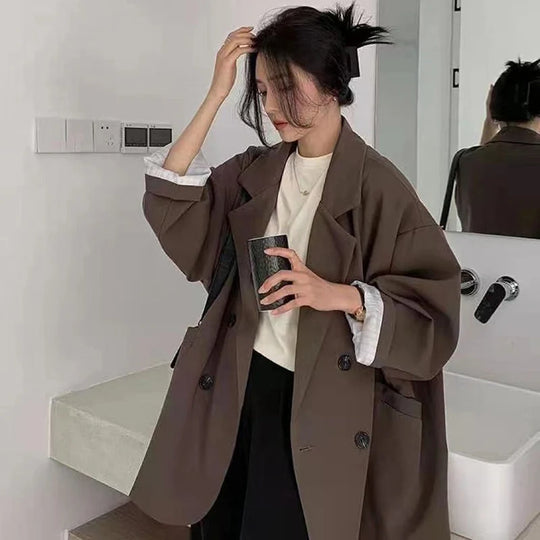 Vintage Blazers Women Elegant Solid Loose Coat Spring Fall Casual
