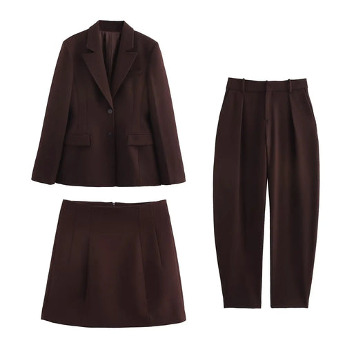 TRAFZA Women Fashion Suits Brown Turn-Down Collar Long Sleeves Single