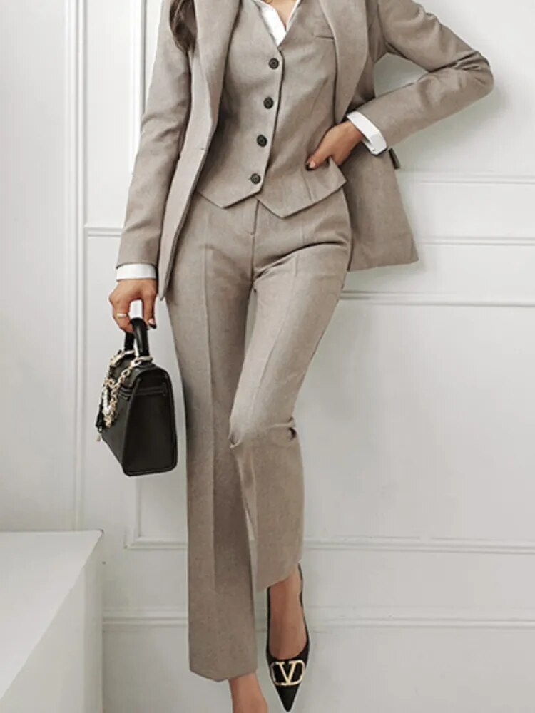 Korean Fashion Women Blazer 3 Pcs Vintage Long Sleeve Suit Jackets
