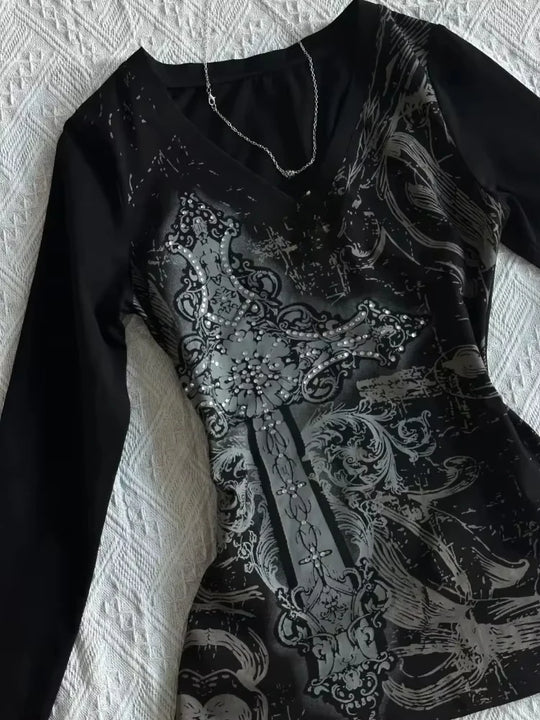 Black Vintage Gothic T-shirts Women Y2k Black Punk Graphic Hoodie