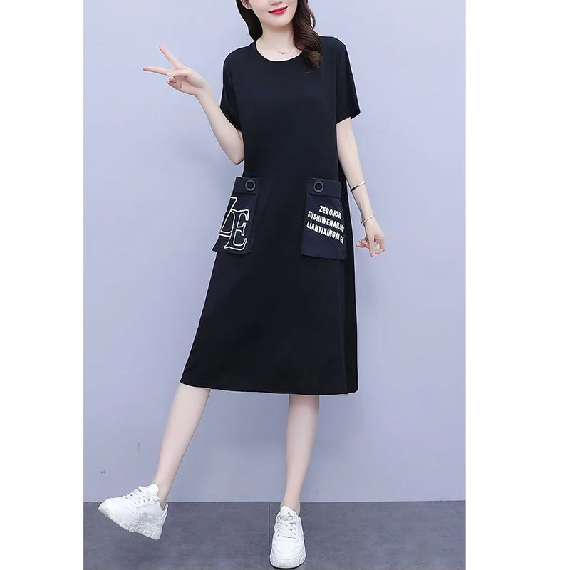 Fashion O-Neck Spliced Pockets Printed Letter Casual Dresses Women's Clothing 2024 Summer New Loose Commuter Short Sleeve Dress