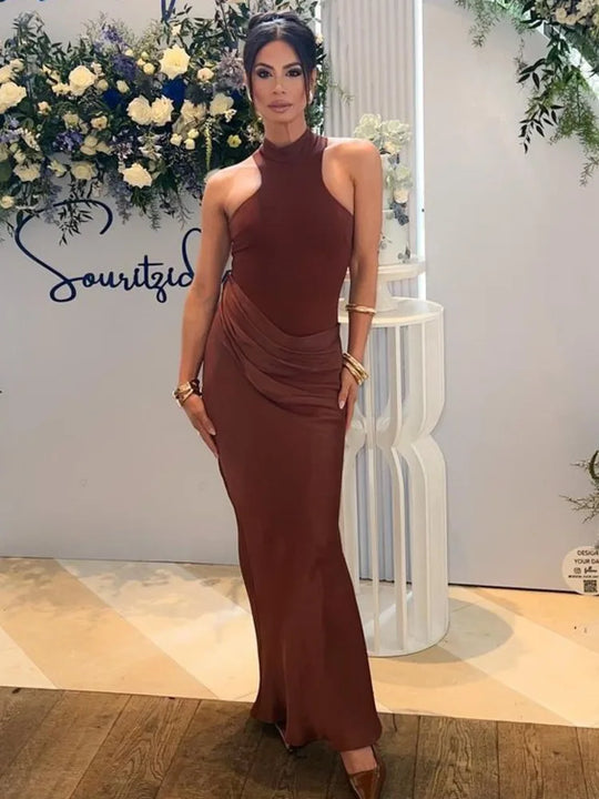 Articat Elegant Sleeveless Satin Patchwork Hollow Out Long Dress Women