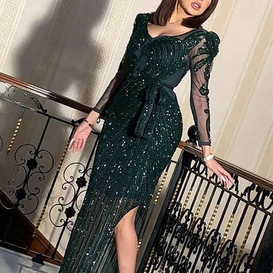 New Fashion V-neck Sparkling Hot Printed Green Long Sleeves