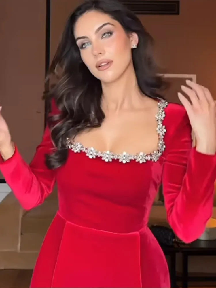 Solid Square Collar Long Sleeve Velvet Gown Elegant High Waist A-line