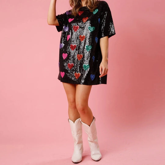 Women's Fashion Sequin Loose T-Shirt Dress Summer Short Sleeve Round