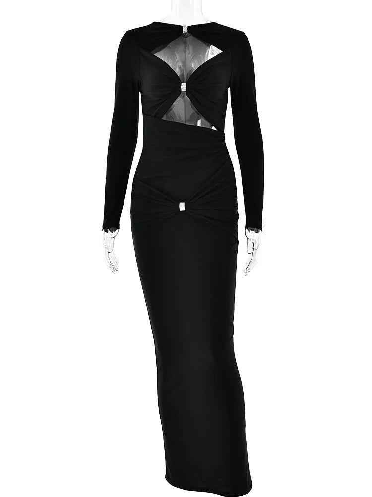 Articat Sexy Hollow Out Long Sleeved Elastic Tight Dress Women Pleats