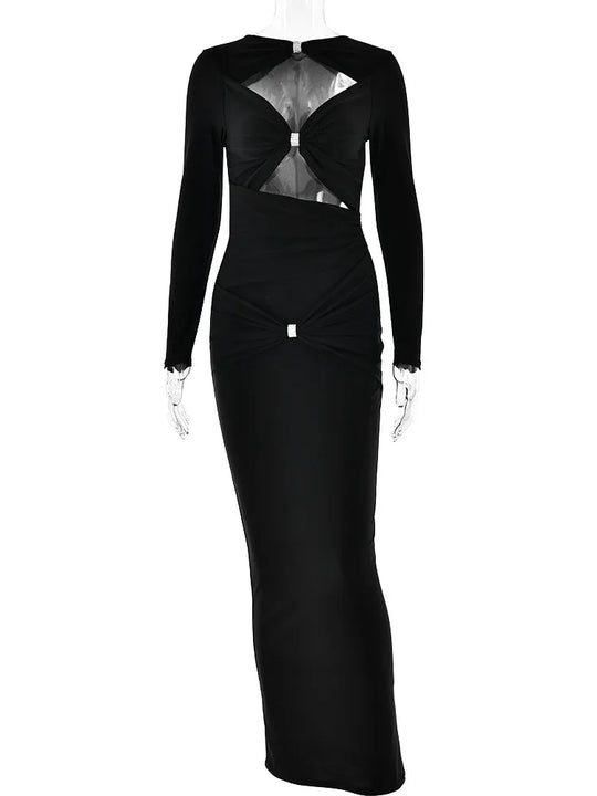Articat Sexy Hollow Out Long Sleeved Elastic Tight Dress Women Pleats