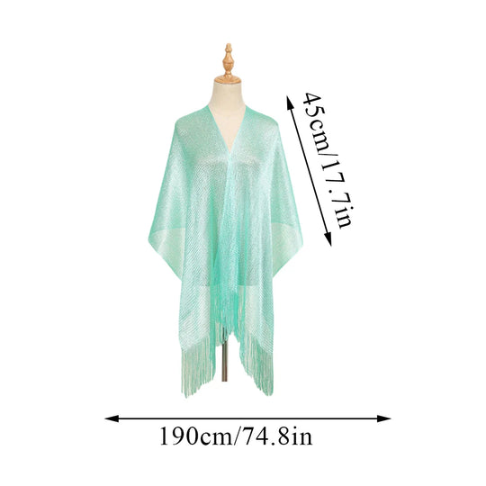 Shiny Bright Silk Scarf Women Evening Dress Shawl Tassel Gold Silver