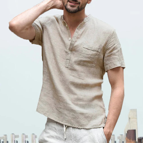 High Quality New Men'S Linen V Neck Bandage T Shirts Male Solid Color