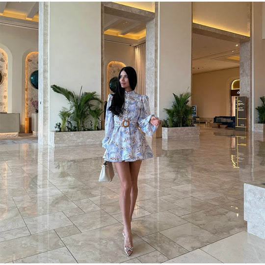 Elegant Women's Printed Dress Long Sleeve O-Neck Button Lady Dresses With Belt Summer Fashion Female Party Short Dress