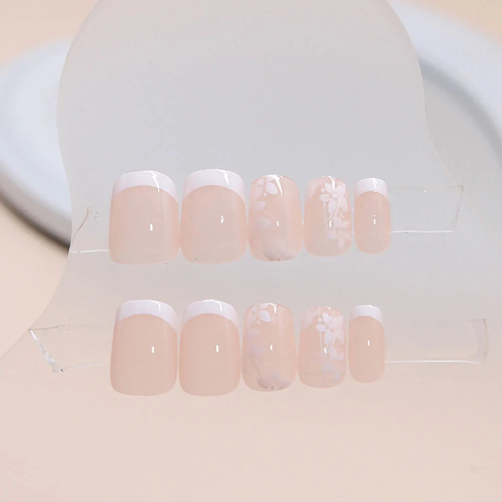 24pcs/set short saure fake nails for Spring summer season french style flowers butterfly design press on false nail art tips