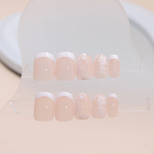 24pcs/set short saure fake nails for Spring summer season french style flowers butterfly design press on false nail art tips
