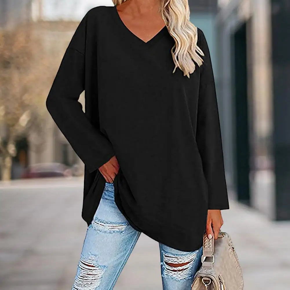 Fashion T-shirt Top  Breathable Stretchy Autumn Top  Solid Color Loose