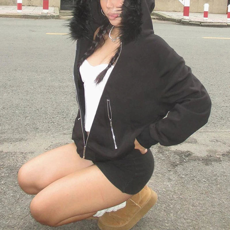 Goth Dark Faux Fur Collar Hooded Zip Up Hoodies Gothic Grunge Pockets