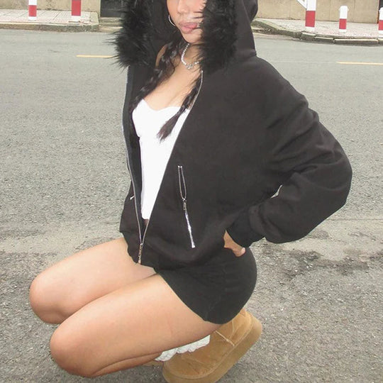 Goth Dark Faux Fur Collar Hooded Zip Up Hoodies Gothic Grunge Pockets