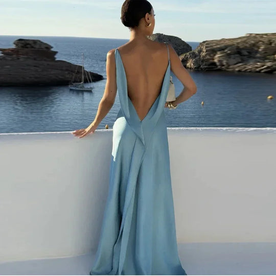 Elegant Split Women' s Dresses Solid Square Collar Backless Sleeveless Long Dress Female 2025 Summer Party Evening Robes