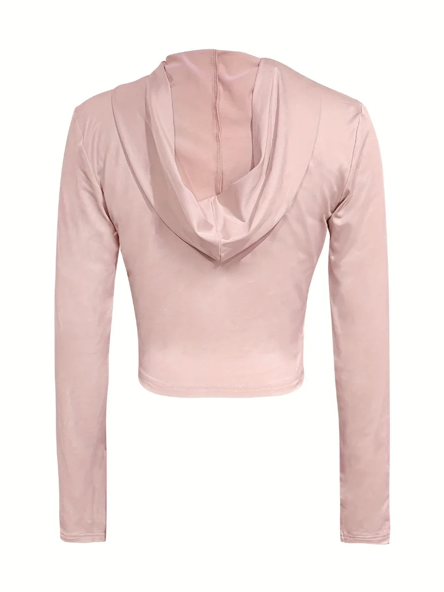 LW Hooded Collar Crop Top T-shirt Autumn Solid Color Long Sleeve Women's Hooded Crop Tops Slim Fit Short Streetwear Sporty sport