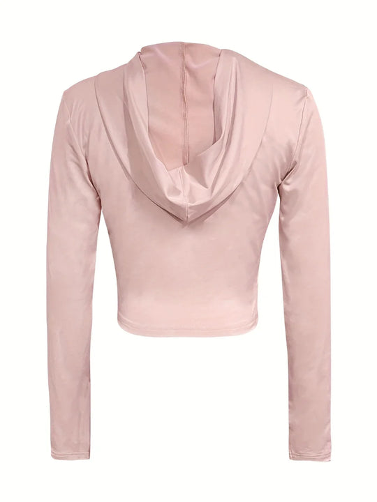 LW Hooded Collar Crop Top T-shirt Autumn Solid Color Long Sleeve Women's Hooded Crop Tops Slim Fit Short Streetwear Sporty sport
