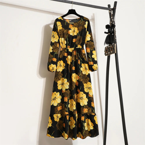 Spring Summer Women Maxi Dresses Casual Full Sleeve Floral Printed