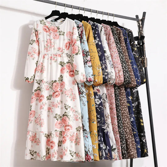 Spring Summer Women Maxi Dresses Casual Full Sleeve Floral Printed