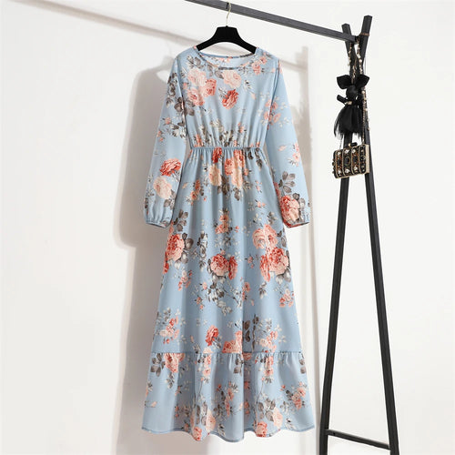 Spring Summer Women Maxi Dresses Casual Full Sleeve Floral Printed