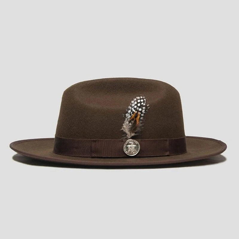 Warm Soft Lightweight Wool Felt Fedora Hat with Feather British Style Autumn Winter Versatile Unisex Adjustable Band