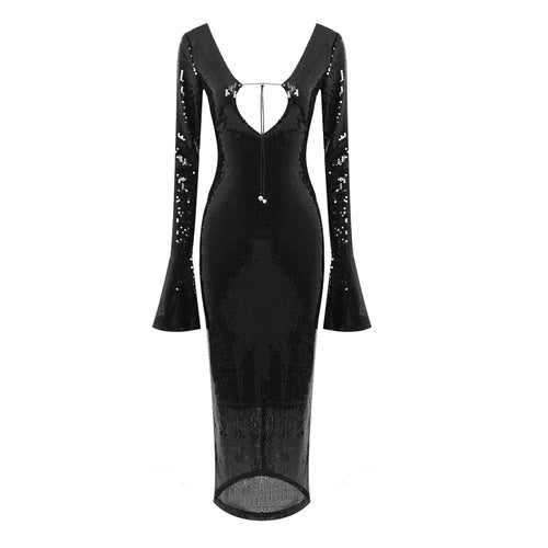 Elegant Lace Up Deep V Bandage Dress Long Sleeves Ankle Length Party