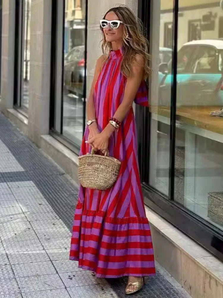 Stripe Print Halter Neck Long Dresses Women Fashion Backless Party