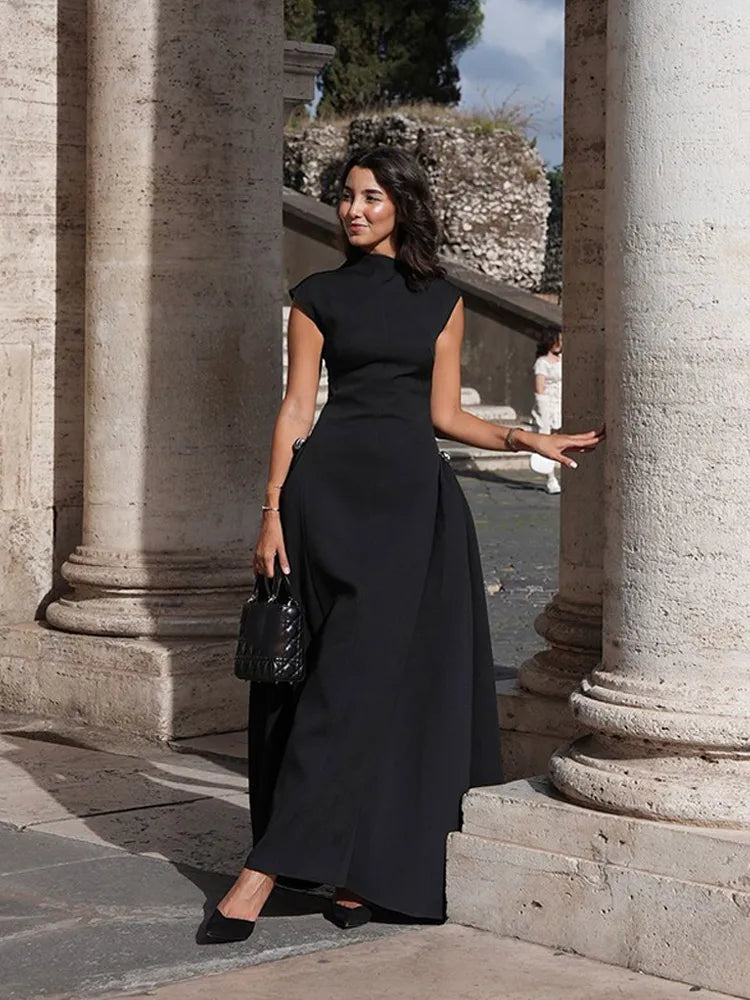 Elegant Oblique Collar Pleated A-line Dress For Women Fashion Brown