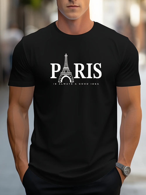 Summer Men's T Shirt Short Sleeve Paris Pattern Print Casual O-Neck