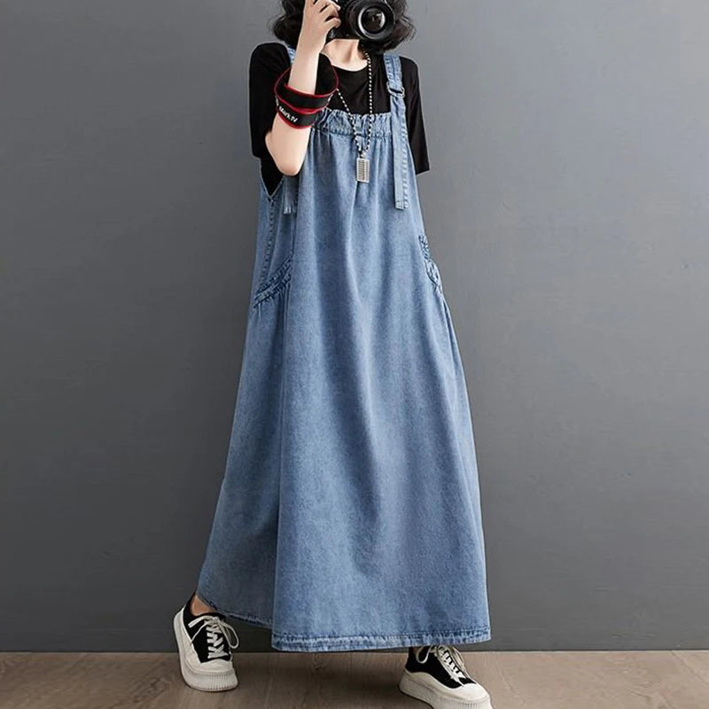 Summer Autumn Loose Casual Fashion Denim Slip Dress Ladies Sleeveless Harajuku Y2K All-match Pocket A-line Robe Women Vestidos