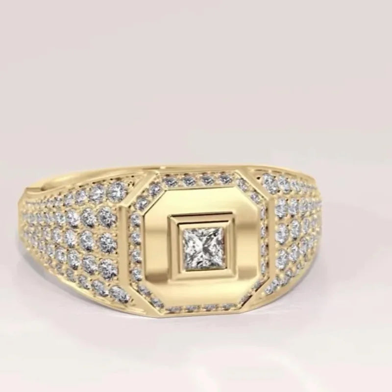 Classical Fashion Men Rings Gold Color Square Round White Stone Rings Party Accessories Gift