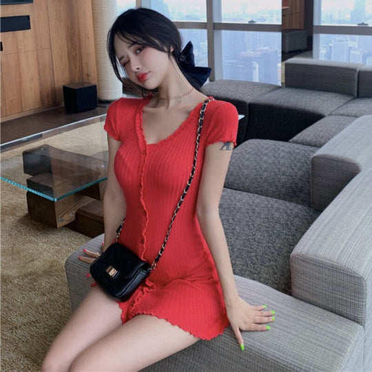 Short Sleeve Dresses Women Slim V neck Button Mini Solid Summer New