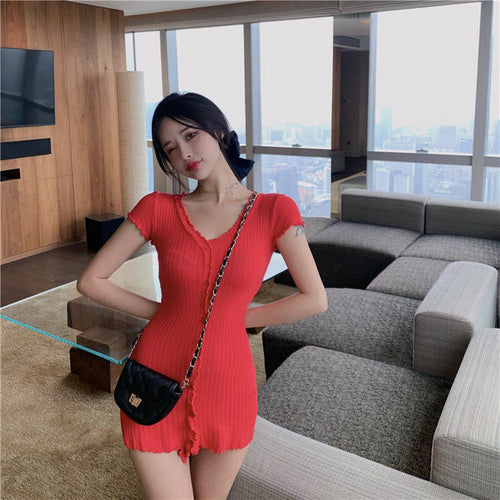 Short Sleeve Dresses Women Slim V neck Button Mini Solid Summer New