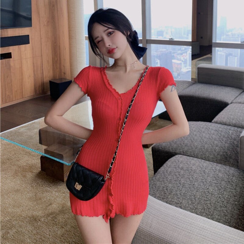 Short Sleeve Dresses Women Slim V neck Button Mini Solid Summer New