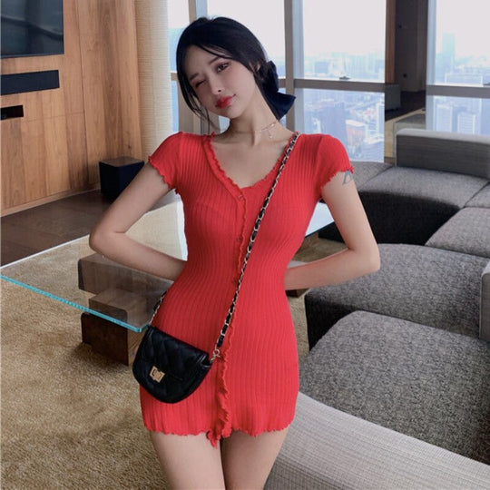 Short Sleeve Dresses Women Slim V neck Button Mini Solid Summer New