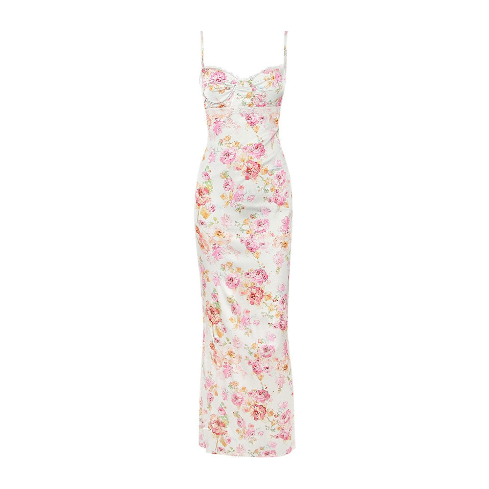 Suninheart Summer Spaghetti Strap Floral Print Party Dresses Elegant