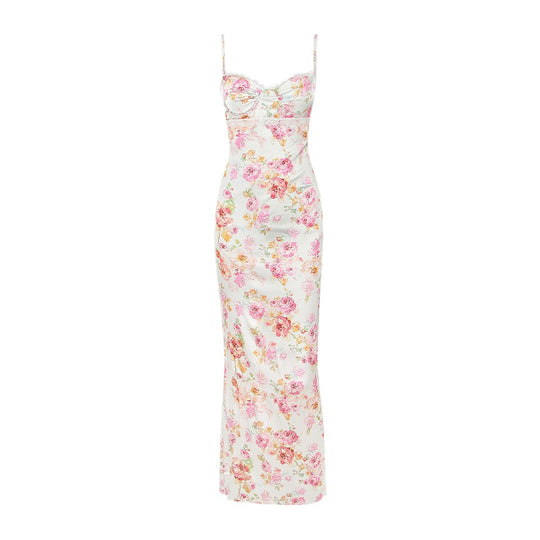 Suninheart Summer Spaghetti Strap Floral Print Party Dresses Elegant