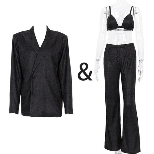 Taruxy Sliver Sparkly Oversized Blazer Sets For Women Suit Ladies