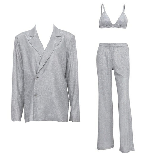 Taruxy Sliver Sparkly Oversized Blazer Sets For Women Suit Ladies