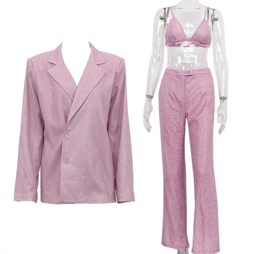 Taruxy Sliver Sparkly Oversized Blazer Sets For Women Suit Ladies