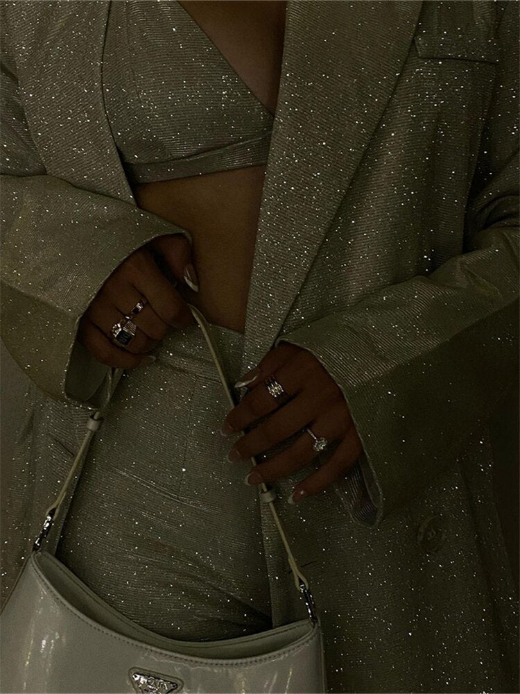 Taruxy Sliver Sparkly Oversized Blazer Sets For Women Suit Ladies