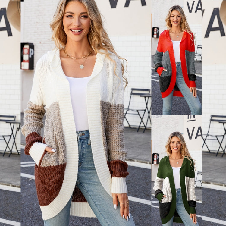 Women Casual Mid-Length Hooded Knit Cardigan Jacket, Size: M(Orange
