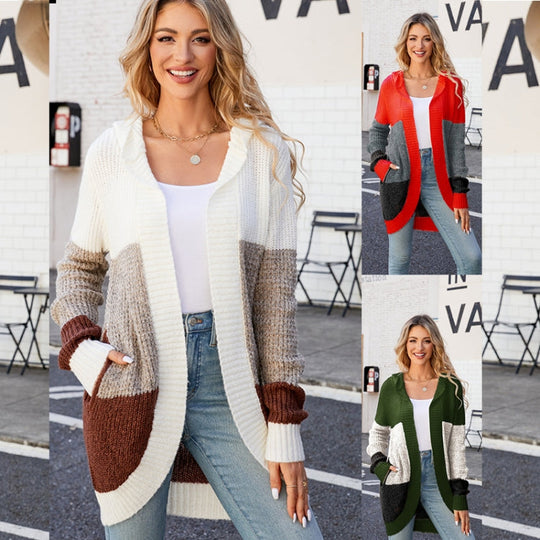 Women Casual Mid-Length Hooded Knit Cardigan Jacket, Size: M(Orange