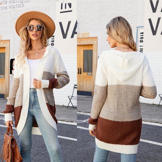 Women Casual Mid-Length Hooded Knit Cardigan Jacket, Size: M(Orange