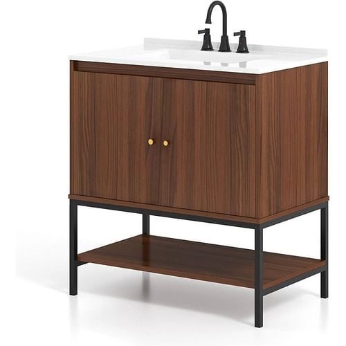 Modern Freestanding Bathroom Vanity in Walnut Wood Finish with Sink