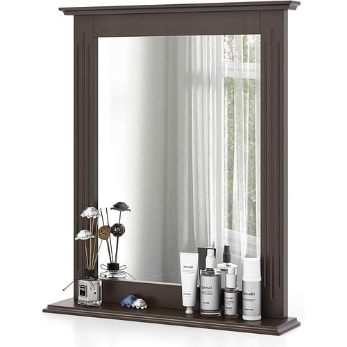 27-in x 22.5-in Bathroom Wall Mirror with Shelf in Dark Brown Wood
